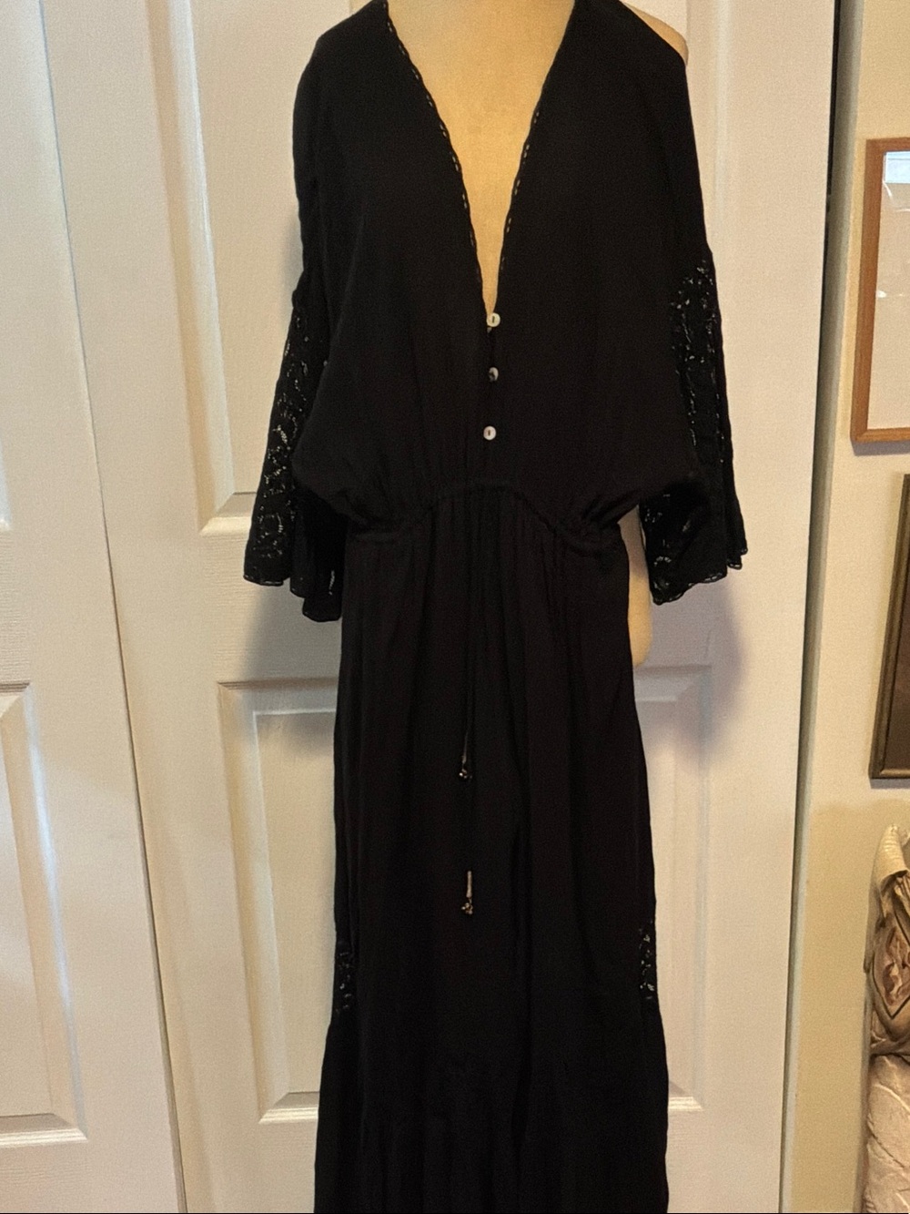Free People Black Boho Maxi Jumpsuit with Lace Sleeves